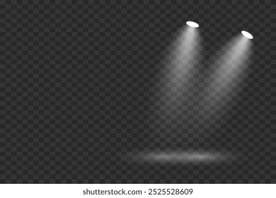 Glowing spotlights for stage lighting. Light effect and light flow. On a transparent background.