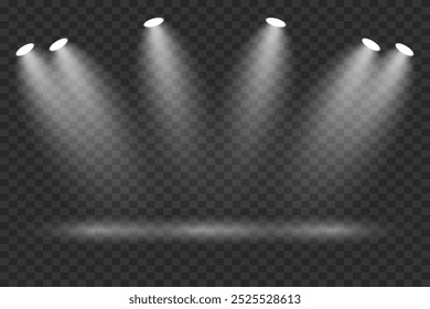 Glowing spotlights for stage lighting. Light effect and light flow. On a transparent background.