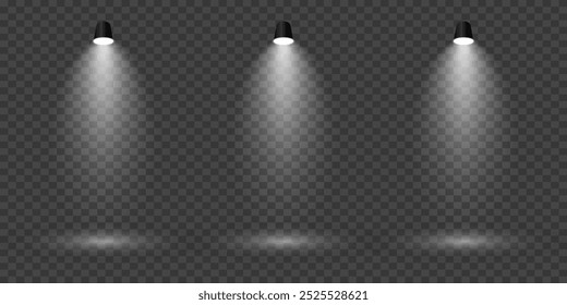 Focos brillantes para la iluminación del escenario. Efecto de luz y flujo de luz. Sobre un fondo transparente.
