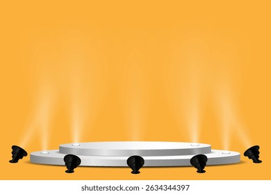 Glowing spotlights and stage and podium lighting.