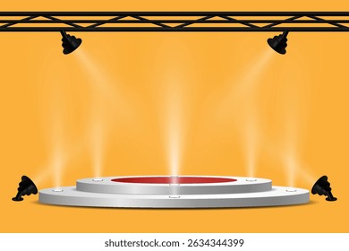 Glowing spotlights and stage and podium lighting.