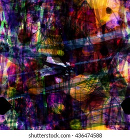 Glowing spots through dark fiber. Like spider web. Spots, triangles, stripes, curved lines, sharp-angled elements such as spines or thorns, streaks and scratches.  Abstract seamless vector background