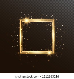 Glowing square frame with glitter sparkle and stars. Christmas shining background. Gold luxury frame isolated on transparent background. Vector illustration.