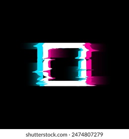 Glowing square with glitch and digital vhs noise effect, illuminated dynamic shape vector illustration. Abstract destroyed glitch style frame with motion light bug border isolated on black