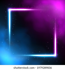 Glowing square neon lighting frame, Futuristic background with smoke. Vector Illustration