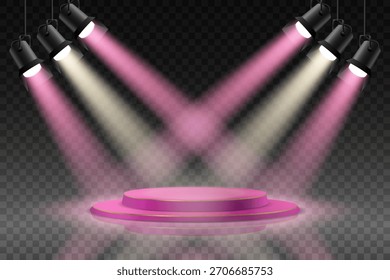 Luzes de palco brilhantes e holofotes coloridos.