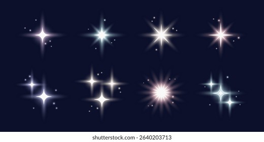 Glowing star and blinks shapes, shiny abstract symbols with sequins and beams. Vector design magic aesthetics elements set.