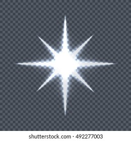 Glowing star with eight rays. Vector illustration on transparent background. Design element with light effect. Flash light. For space science concepts, night sky, magic light illustrating    