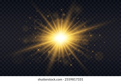 Glowing star. Gold sunlight. Explosion effect. Flash with bright beams, glitter and bokeh. Sun with warm light. Christmas element with gold dust. Vector illustration.