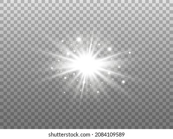 Glowing star isolated on transparent backdrop. White explosion with dust. Silver magic glitter effect. Bright burst with sparkles. Shining Christmas element. Vector illustration.