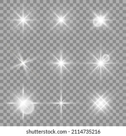 Glowing star light effect collection. Light effect of sparkling stars and bright flashes. White and silver sparkles and particles with glowing light. White flickers on transparent background. Vector