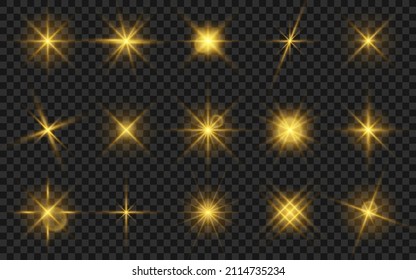 Glowing star light effect collection. Light effect of sparkling stars and bright flashes. Golden sparkles and particles with glowing light. Golden flickers isolated on transparent background. Vector
