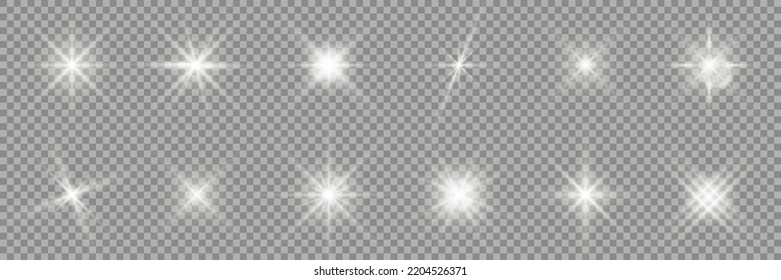 Glowing star light effect collection. Light effect of sparkling stars and bright flashes. White and silver sparkles and particles with glowing light. White flickers on transparent background. Vector