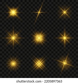 Glowing star light effect collection. Light effect of sparkling stars and bright flashes. Golden sparkles and particles with glowing light. Golden flickers isolated on transparent background. Vector