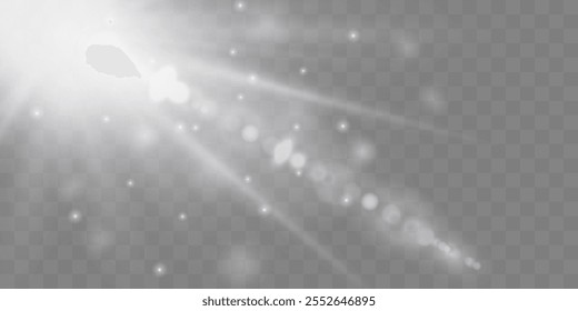 Efecto de luz de estrella brillante. Efecto de luz de flash de lente especial. Luz brillante blanca.   sobre un fondo transparente. Ilustración vectorial.
