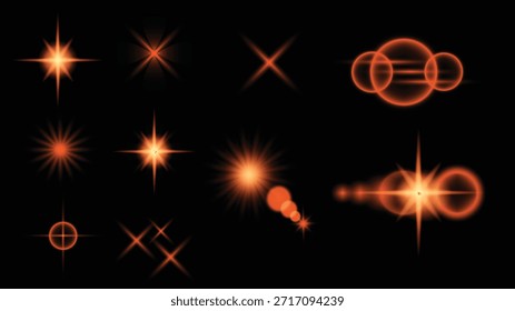 Juego de luces brillantes de estrellas con destellos, destellos de lente y efectos de estallido aislados sobre fondo negro