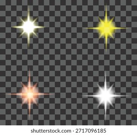 Glowing Star Light Set with White and Yellow Sparkle Shine Effects Isolated on Transparent Background