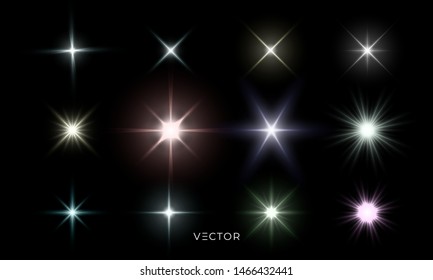 Glowing star lights effect, lens flare and bright explosion effect. Vector isolated color star light flash and sparkle rays set on transparent background