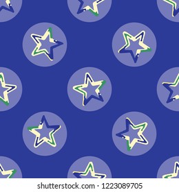 Glowing Star Polka Dot Seamless Vector Pattern. Geometric Blue Circles Background Texture Illustration for Trendy Home Decor, Kids Fashion Prints,  Decor Packaging, Fun Blue Yellow Space Wallpaper.