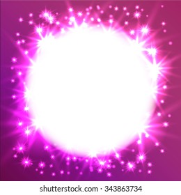 Glowing Star round frame. Design of a celebratory banner or postcard. It can be used as an effect in the photo. Starry sky in a circle on a pink background. Vector high quality.