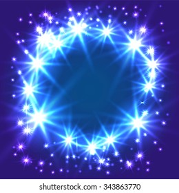 Glowing Star round frame. Design of a celebratory banner or postcard. It can be used as an effect in the photo. Starry sky in a circle on a blue background. Milky way. Vector high quality.