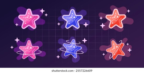 Glowing star stickers, y2k shapes with frames, stars, planets, spacial elements and liquid moving through portals. Retro graphic design elements. Vector illustration.