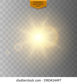 Glowing star. Sun with rays. Golden glowing light effect isolated on transparent background. Sun flash with rays and spotlight. Glow light effect. Starburst with sparkles.