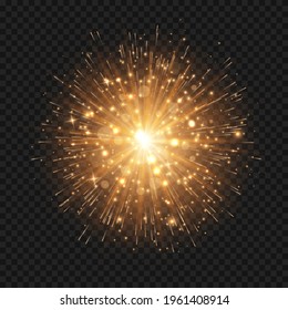 Glowing starburst explosion with sparkles and rays. Golden light flare firecracker effect with stars and glitter. Vector realistic illustration of shiny bright rocket burst.