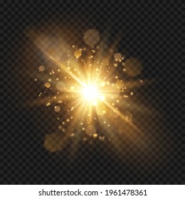 Glowing starburst explosion with sparkles and rays. Golden light flare firecracker effect with stars and glitter. Vector realistic illustration of shiny bright rocket burst.
