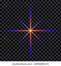 Glowing starburst light effect on transparent background.
