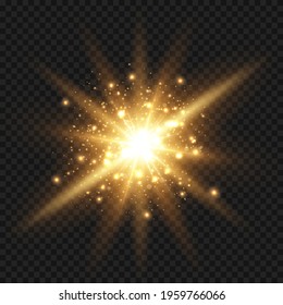 Glowing starburst with sparkles and rays. Golden light flare effect with stars and glitter isolated on transparent background. Vector illustration of shiny glowlight effect with dust, gold lens flare.