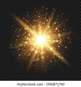 Estallido brillante con destellos y rayos. Efecto de la luz dorada con estrellas y brillo aislado en un fondo transparente. Ilustración vectorial del efecto brillante de la luz de lumbre con polvo, bengala de lente dorada.