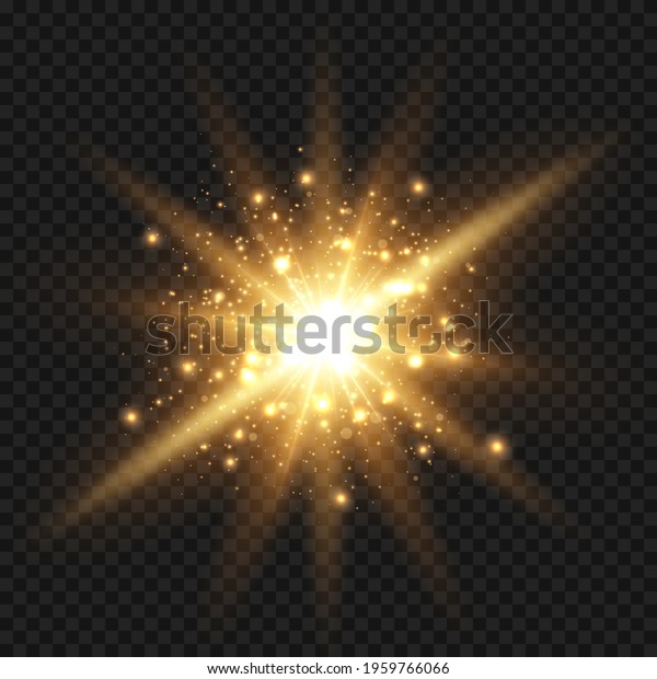 Glowing starburst with sparkles and rays. Golden\
light flare effect with stars and glitter isolated on transparent\
background. Vector illustration of shiny glowlight effect with\
dust, gold lens flare.