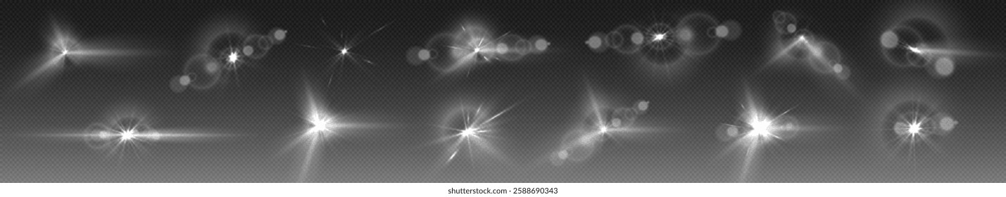 Glowing starbursts and lens flare set, shining abstract highlights, transparent light effects, soft bokeh sparkles, luminous refractions, dreamy illumination, bright shimmer, realistic sparkle overlay