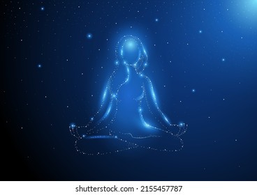 Glowing stardust of female figure meditating, vector illustration