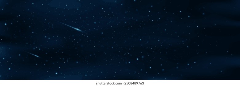 Céu estrelado brilhante com um meteorito caindo. Estrelas brilhantes no céu escuro. Fundo do universo. Ilustração vetorial.