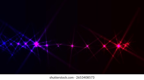 Glowing stars adorn a dark scene, radiating purple, pink, red, and blue light, creating a captivating visual effect with intersecting beams that suggest an otherworldly constellation