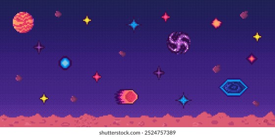 Estrellas brillantes, asteroides, un planeta y un cometa contra un cielo púrpura oscuro sobre una superficie lunar roja. Composición colorida y atractiva. Video Ideal para juegos, carteles, temas de ciencia ficción, educativos