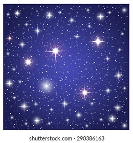 Glowing stars background. Night sky with many different sparkle stars. Vector illustration