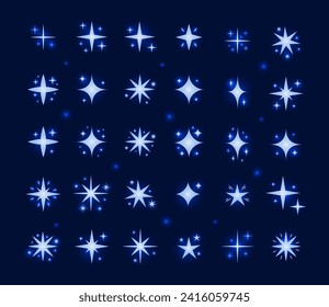 Glowing Stars Collection. Cute Decorative Sparkles. Vector Illustration of Shiny Sparkling Glittering Twinkles.