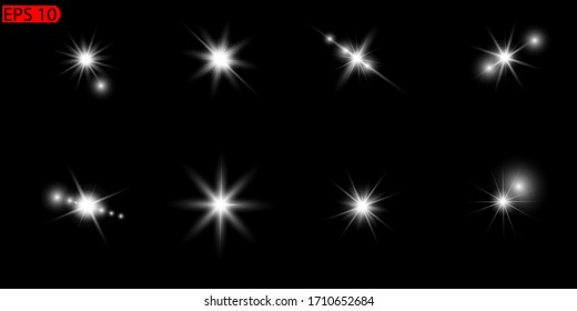 Glowing stars flash of light. White light effect. Beam of the sun. Vector illustration.