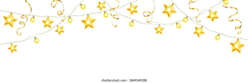 Glowing stars frame decoration isolated on white. Starry lights border. Holiday ornament vector illustration. Background for party posters, Christmas or birthday cards, wedding design.