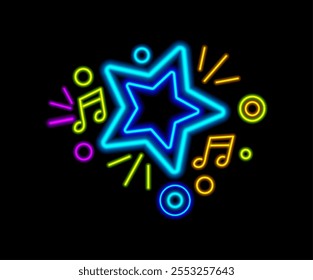 Estrelas brilhantes quadro com notas musicais e círculos, banner com efeito de luz néon. Sinal de discoteca, discoteca e bar de karaokê realista. Logotipo ou emblema, etiqueta ou cartaz