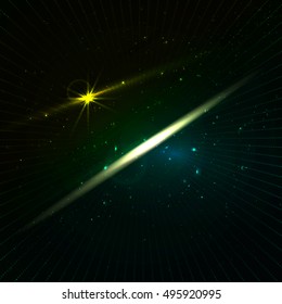 Glowing stars with illusion of depth and perspective.  Infinity abstract background with stars and neon light in dark green shadows. Vector space background in green color with lines. Backdrop 
