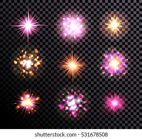 Glowing stars, lights, sparkles bursts, lens flare. Isolated on black transparent background. Elements for design. Gold, white, pink, purple. Vector illustration, eps 10.