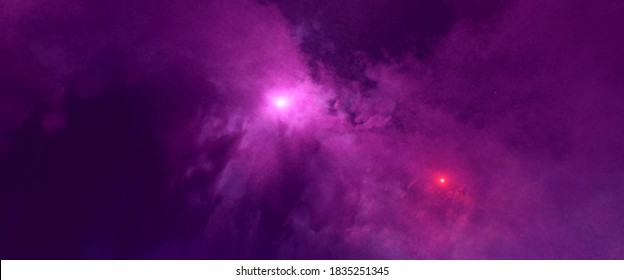 Glowing stars in a purple space clouds. Violet nebula. Beautiful space background. Science fiction backdrop. Fantastic cosmic wallpaper. Vector illustration. EPS 10.