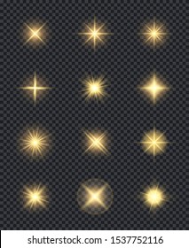 Glowing stars. Realistic lighting shining effects sparks celebration vector symbols