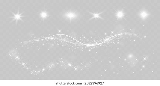 Glowing stars, sparkles, light streaks, and shimmering particles on transparent background for overlays and magical effects.
