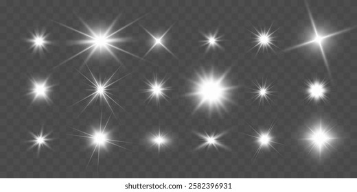 Glowing stars, sparkles, light streaks, and shimmering particles on transparent background for overlays and magical effects.