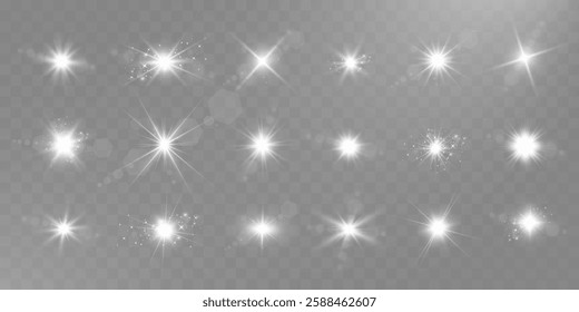 Glowing stars, sparkles, light streaks, and shimmering particles on transparent background for overlays and magical effects.	